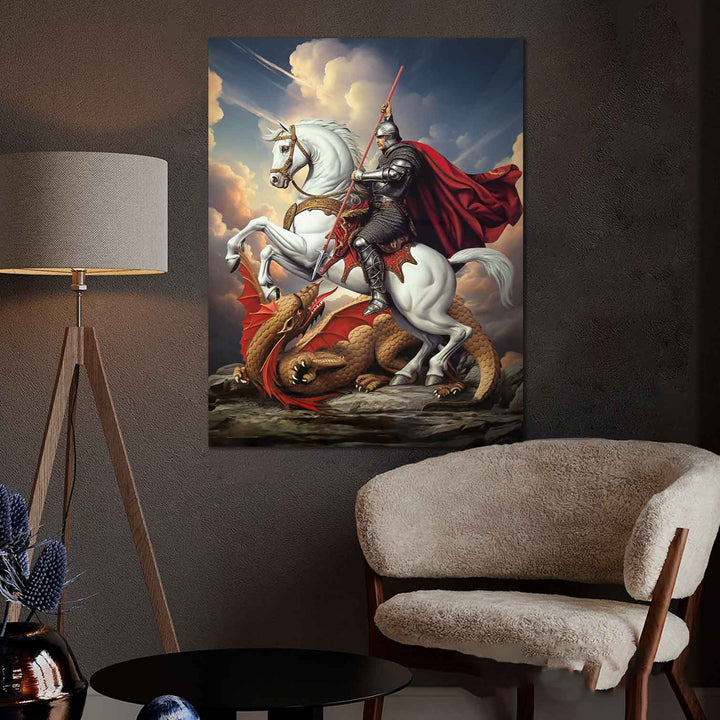 Saint George Canvas Wall Art – Heroic Knight Slaying Dragon Painting