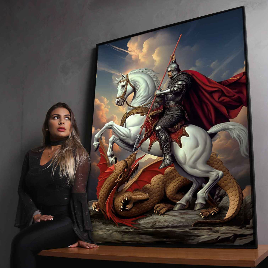 Saint George Canvas Wall Art – Heroic Knight Slaying Dragon Painting