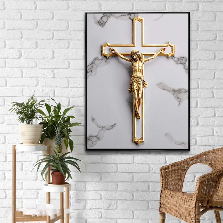 It Was For Us Canvas – Gold Crucifix Wall Art, Christian Faith Marble Background