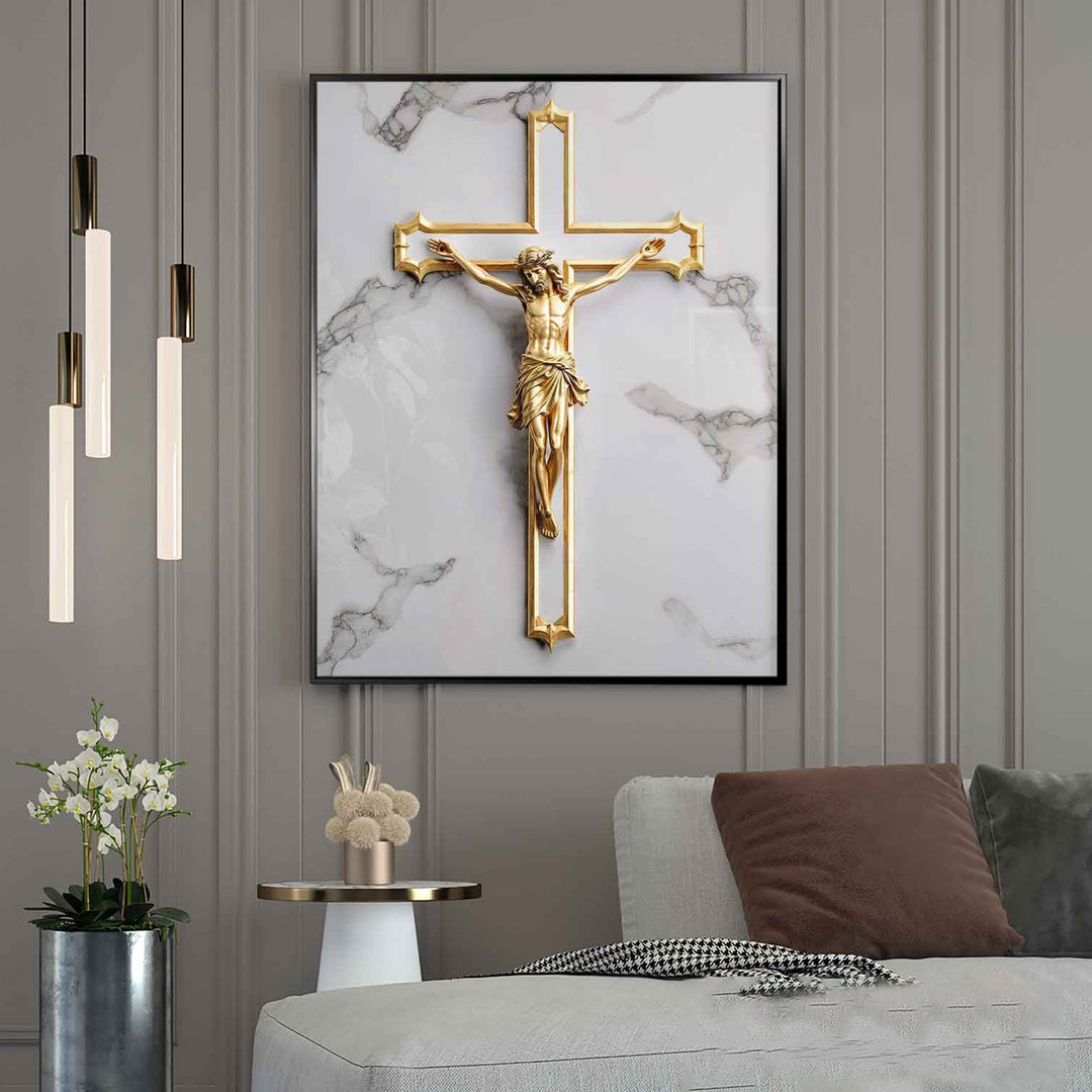 It Was For Us Canvas – Gold Crucifix Wall Art, Christian Faith Marble Background