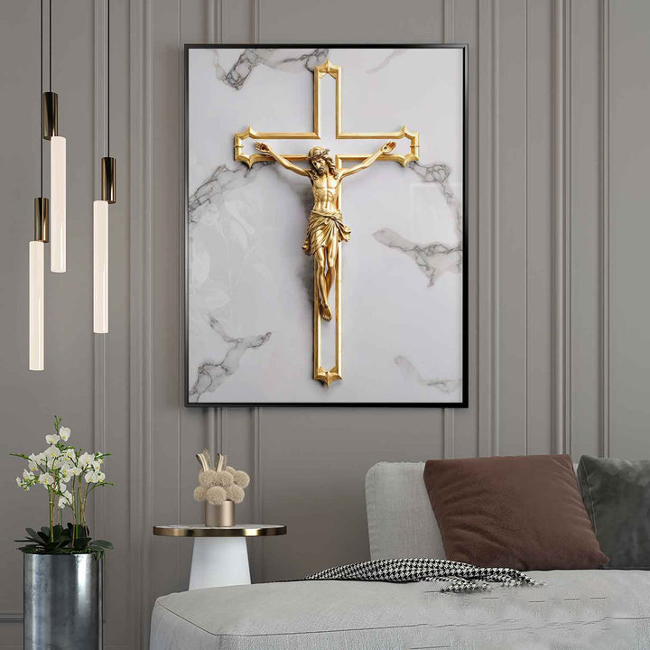 It Was For Us Canvas – Gold Crucifix Wall Art, Christian Faith Marble Background