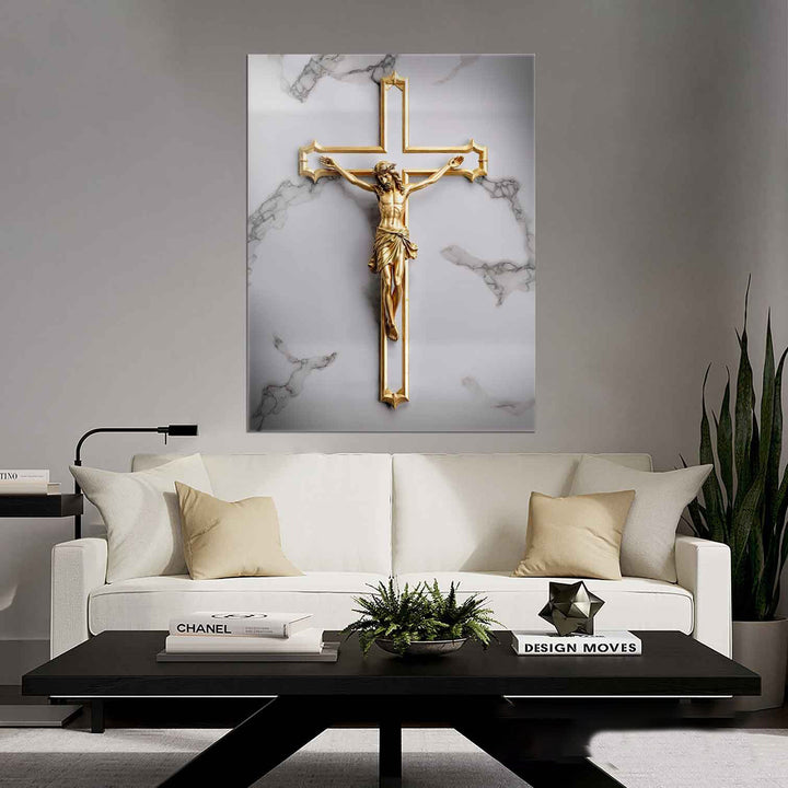 It Was For Us Canvas – Gold Crucifix Wall Art, Christian Faith Marble Background