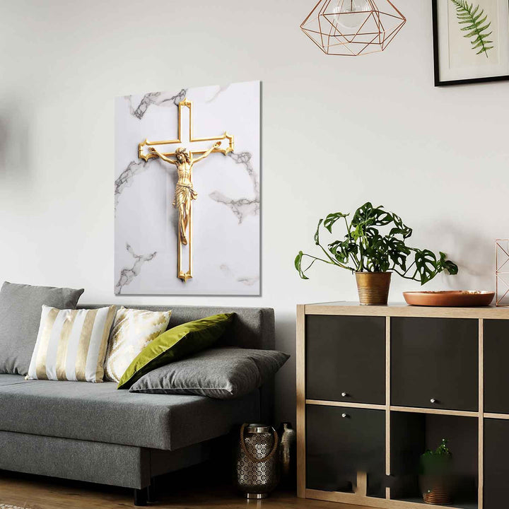 It Was For Us Canvas – Gold Crucifix Wall Art, Christian Faith Marble Background