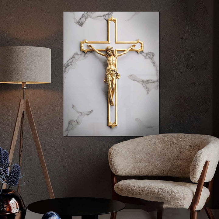 It Was For Us Canvas – Gold Crucifix Wall Art, Christian Faith Marble Background