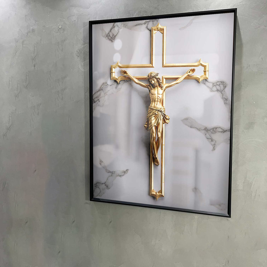 It Was For Us Canvas – Gold Crucifix Wall Art, Christian Faith Marble Background