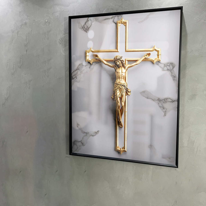 It Was For Us Canvas – Gold Crucifix Wall Art, Christian Faith Marble Background