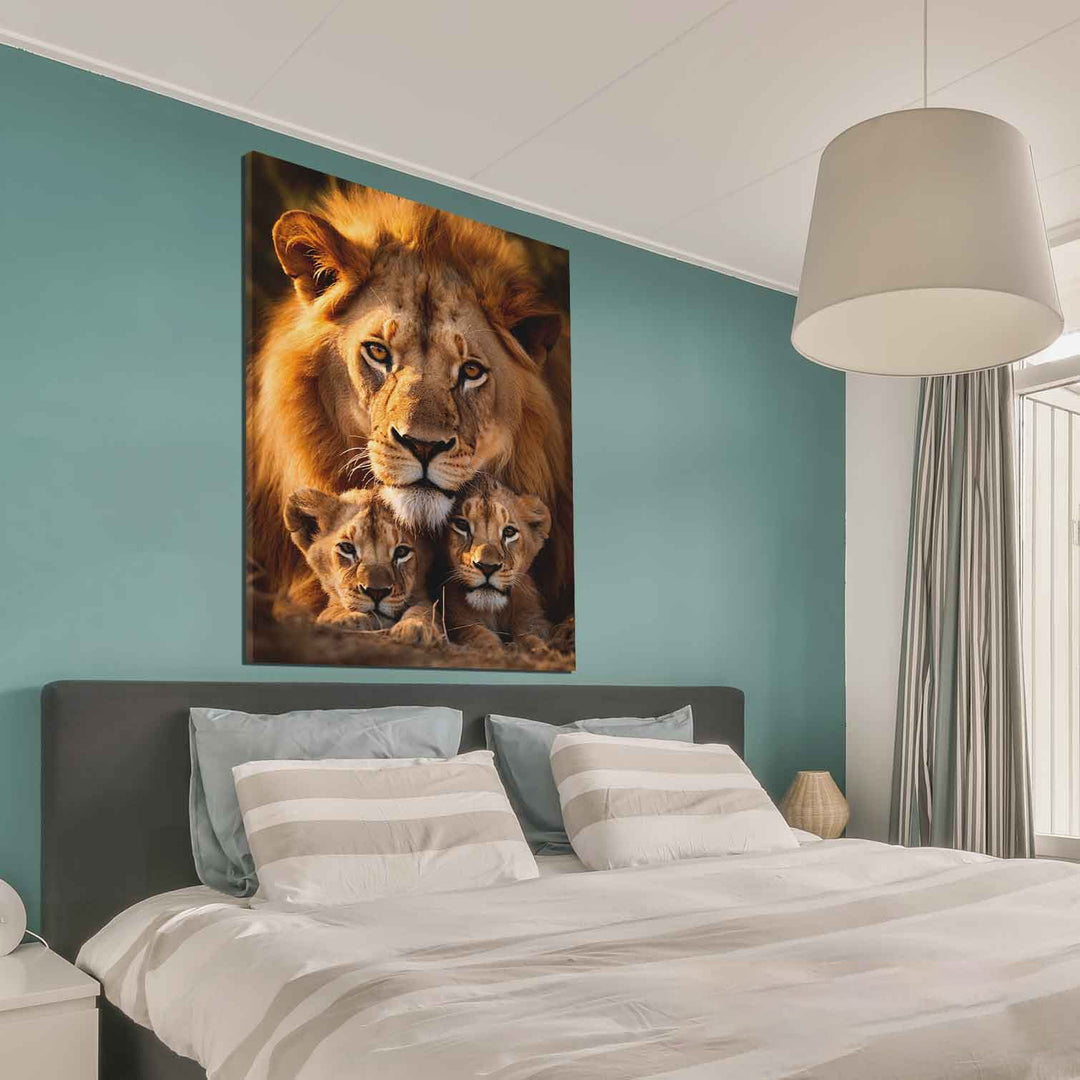 Cozy Lion Family With 2 Cubs