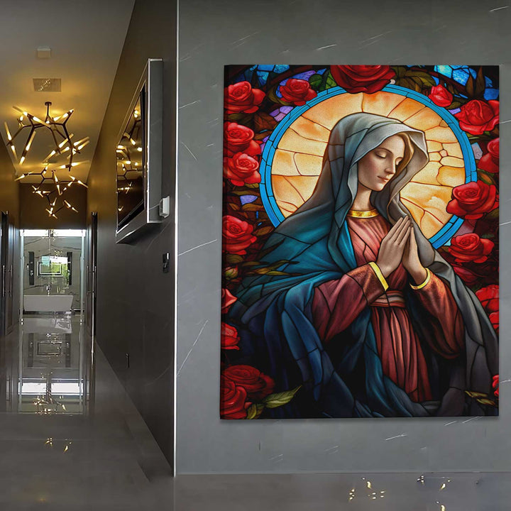 Mary and the Rose Garden Canvas Print – Spiritual Wall Art