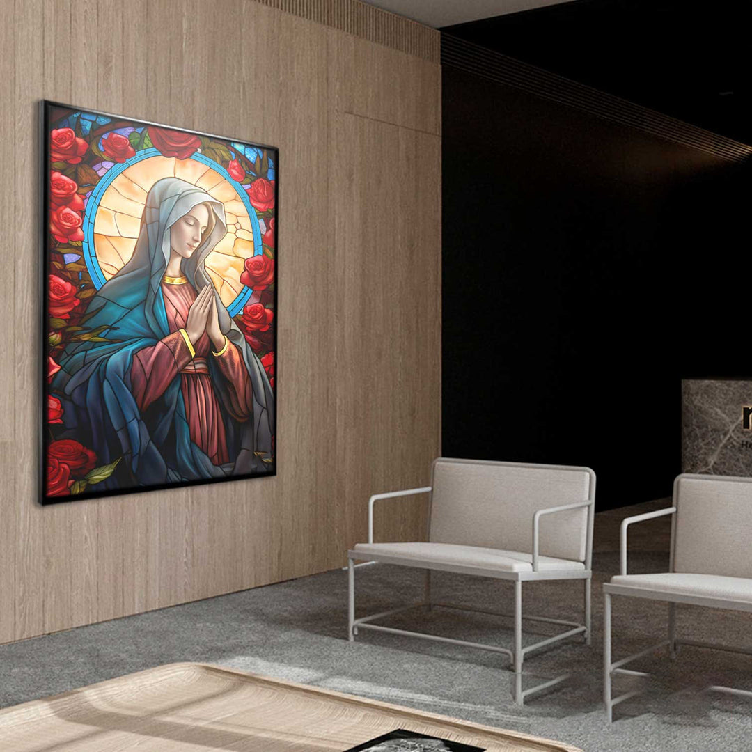 Mary and the Rose Garden Canvas Print – Spiritual Wall Art
