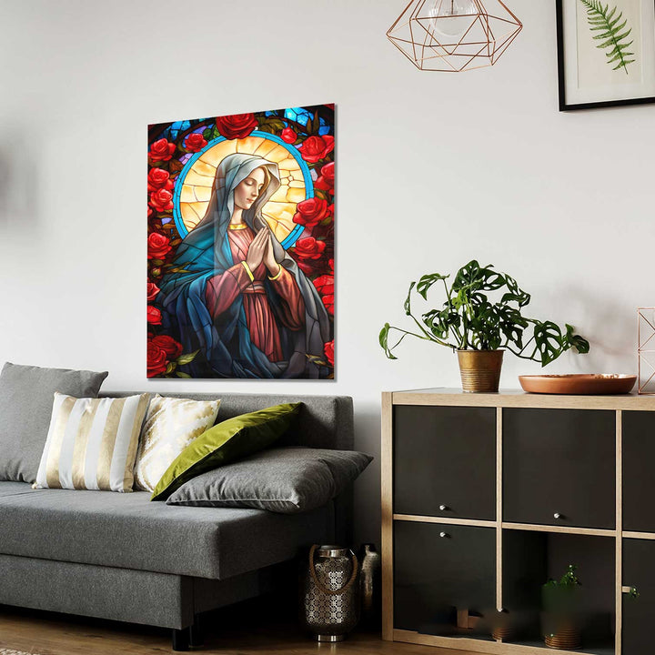 Mary and the Rose Garden Canvas Print – Spiritual Wall Art