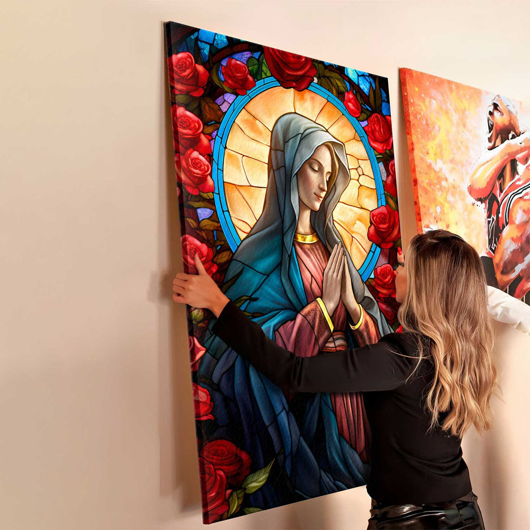 Mary and the Rose Garden Canvas Print – Spiritual Wall Art