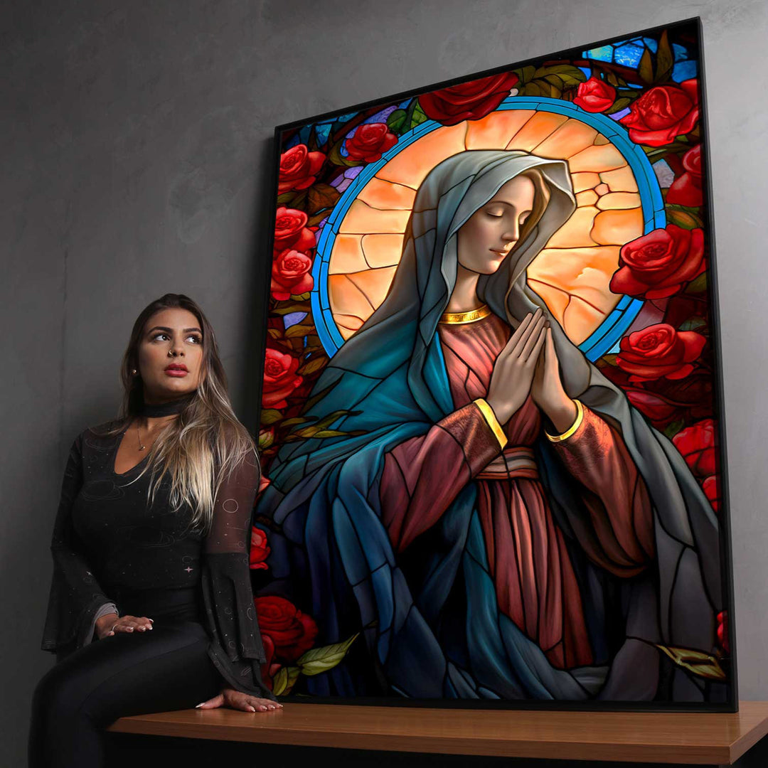 Mary and the Rose Garden Canvas Print – Spiritual Wall Art