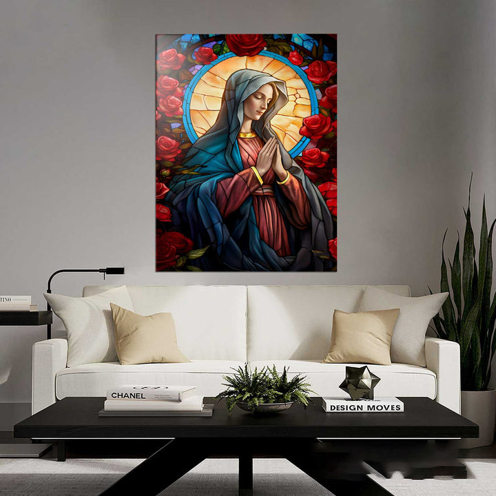 Mary and the Rose Garden Canvas Print – Spiritual Wall Art