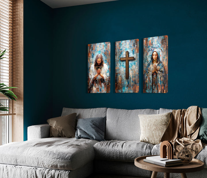 Catholic Wall Art Set Displayed on a Shelf