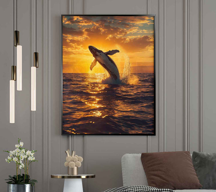 Whale at Sunset Canvas Wall Art – Tranquil Whale Leaping Ocean Scene