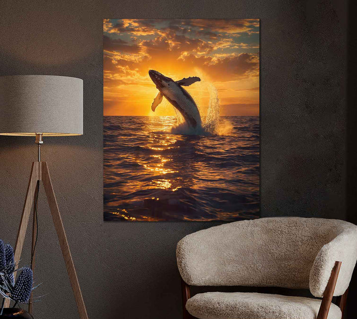 Whale at Sunset Canvas Wall Art – Tranquil Whale Leaping Ocean Scene