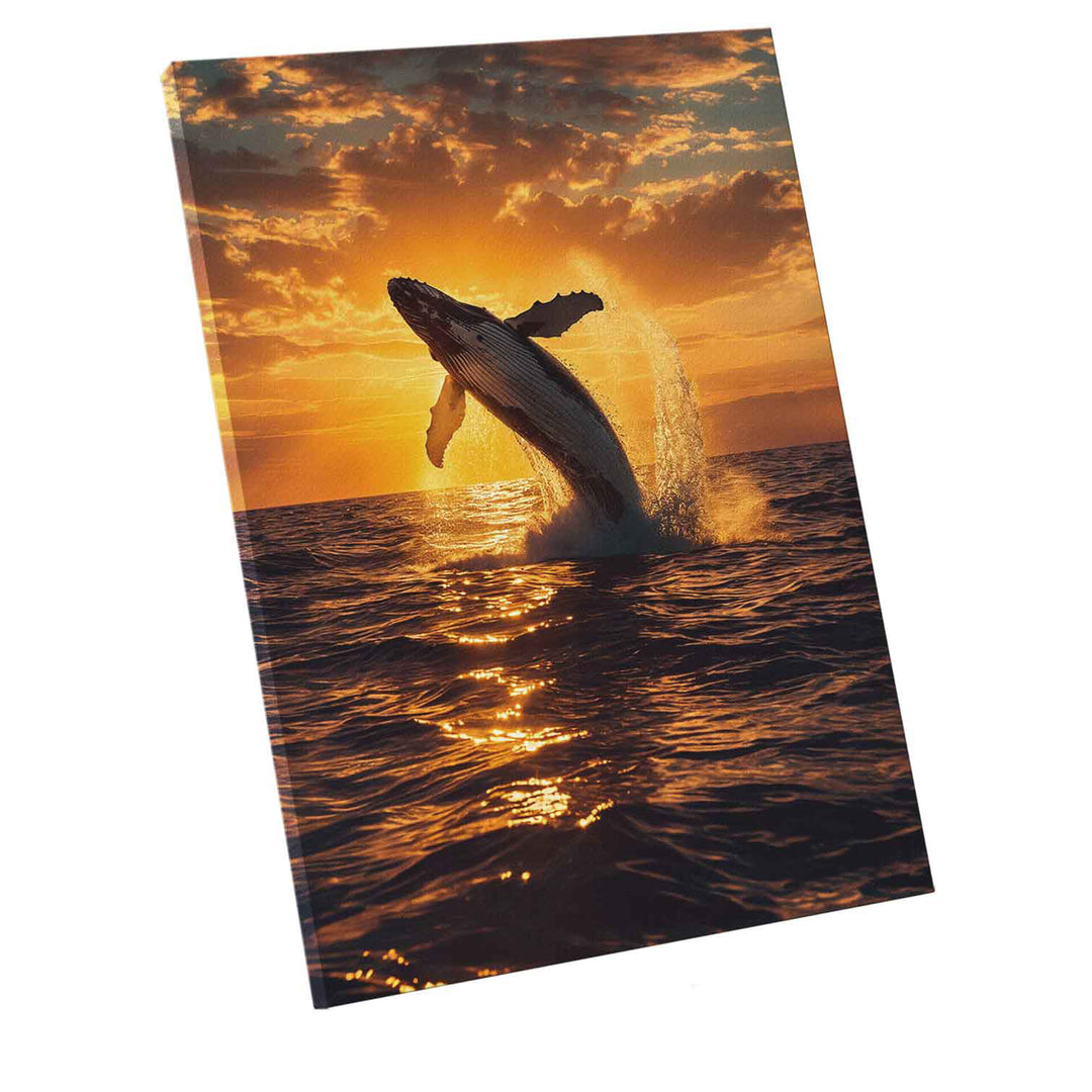 Whale at Sunset Canvas Wall Art – Tranquil Whale Leaping Ocean Scene