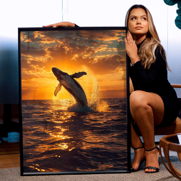 Whale at Sunset Canvas Wall Art – Tranquil Whale Leaping Ocean Scene