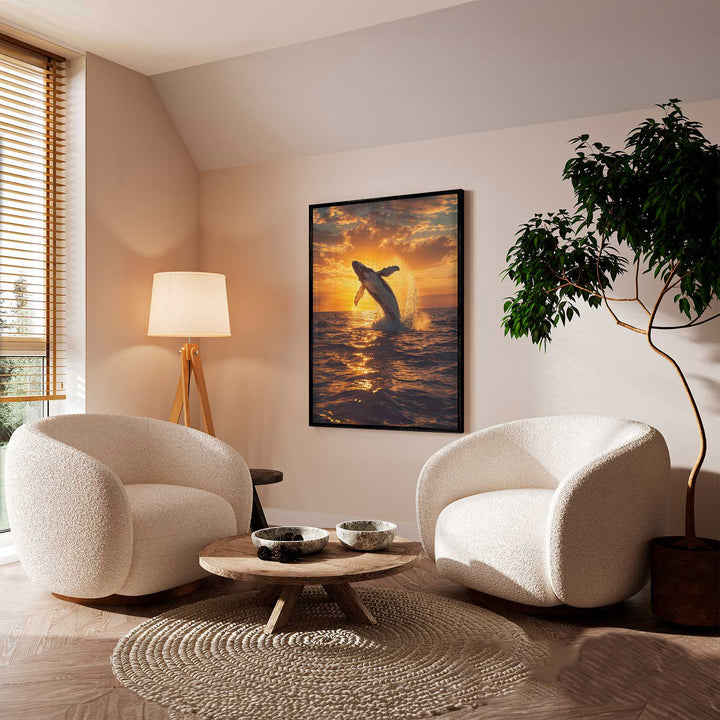 Whale at Sunset Canvas Wall Art – Tranquil Whale Leaping Ocean Scene
