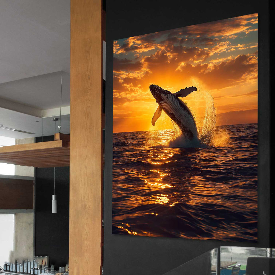 Whale at Sunset Canvas Wall Art – Tranquil Whale Leaping Ocean Scene