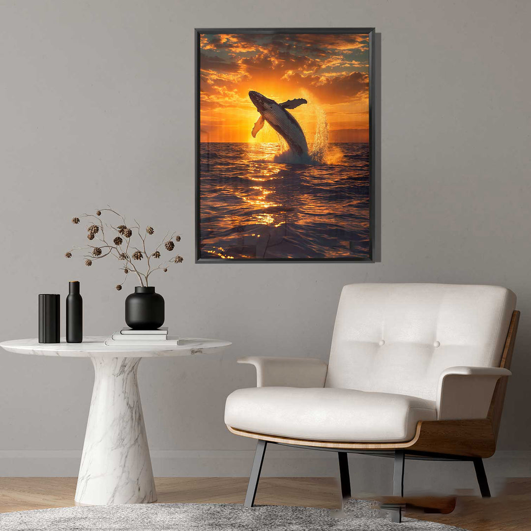 Whale at Sunset Canvas Wall Art – Tranquil Whale Leaping Ocean Scene