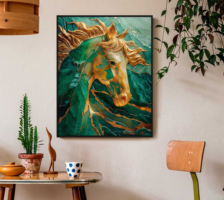 Abstract Emerald Green Gold Horse Canvas Print