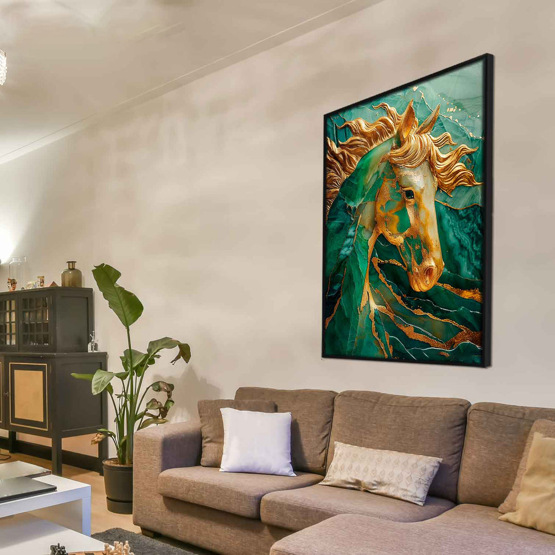 Abstract Emerald Green Gold Horse Canvas Print