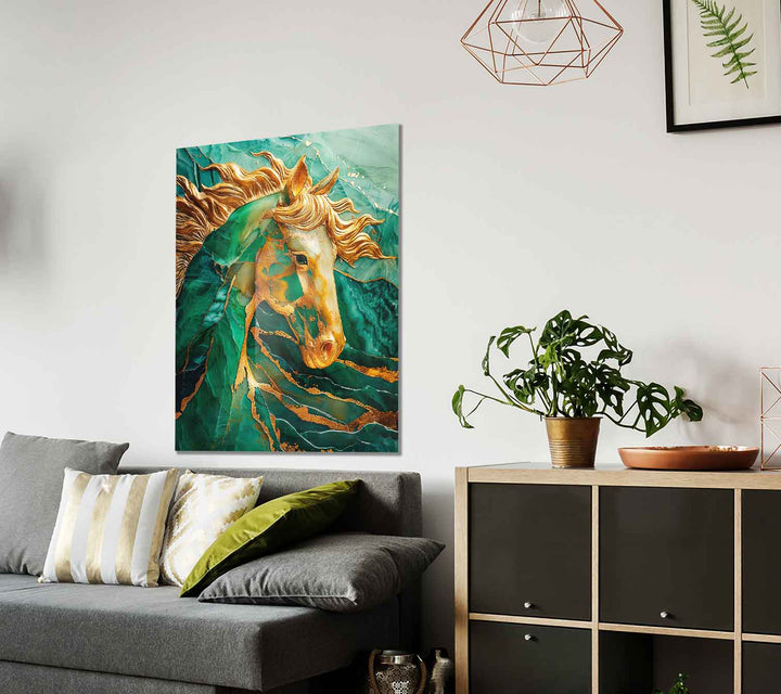 Abstract Emerald Green Gold Horse Canvas Print
