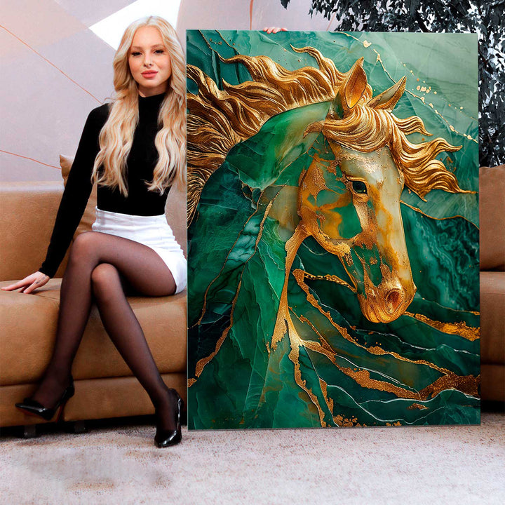 Abstract Emerald Green Gold Horse Canvas Print
