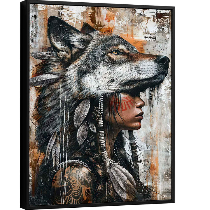 Wild Soul Woman Portrait Wolf Headdress Art Wolf Photography Style Painting Canvas Print