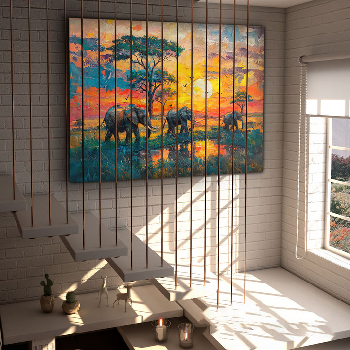 Colorful Elephant Safari Sunset Canvas Print