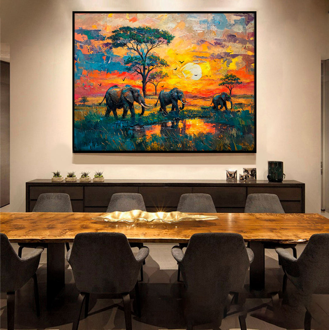 Colorful Elephant Safari Sunset Canvas Print