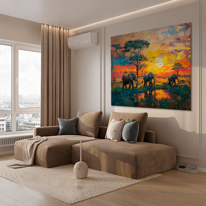 Colorful Elephant Safari Sunset Canvas Print