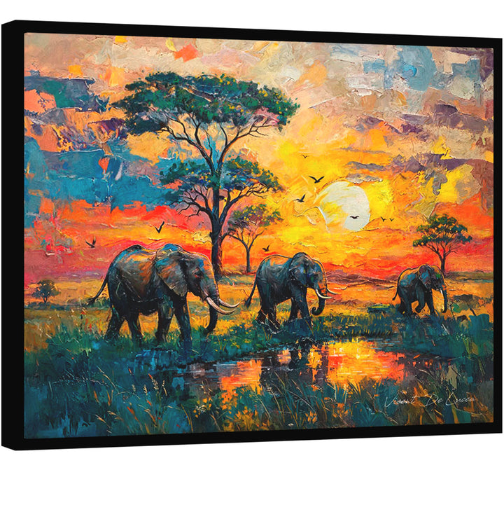 Colorful Elephant Safari Sunset Canvas Print