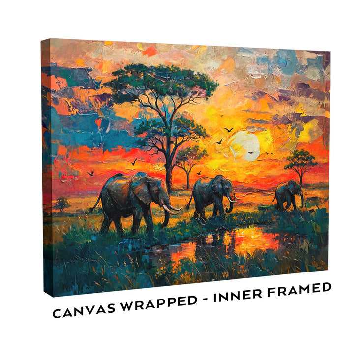 Colorful Elephant Safari Sunset Canvas Print