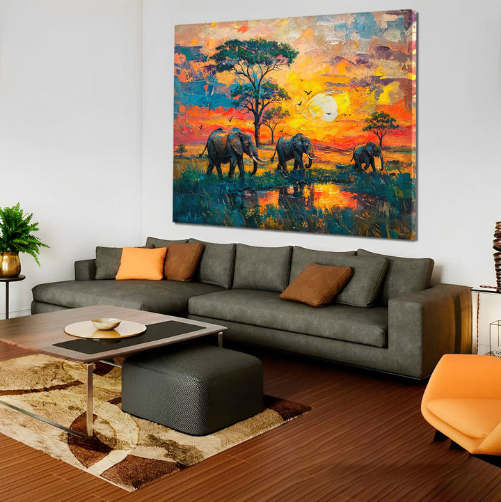 Colorful Elephant Safari Sunset Canvas Print