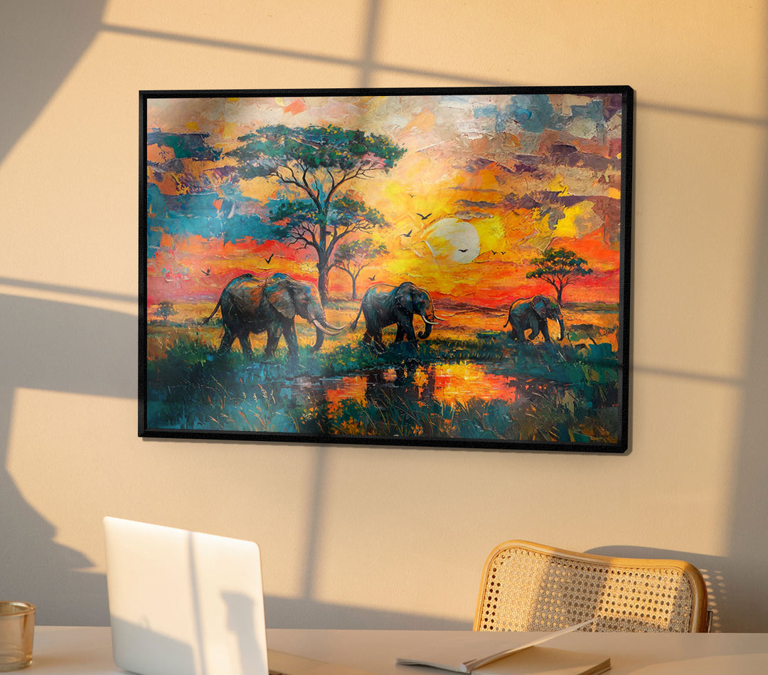 Colorful Elephant Safari Sunset Canvas Print