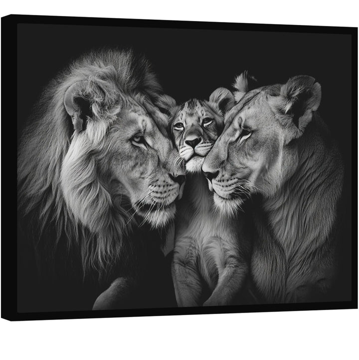 Cozy Lion Family Black and White Canvas Print