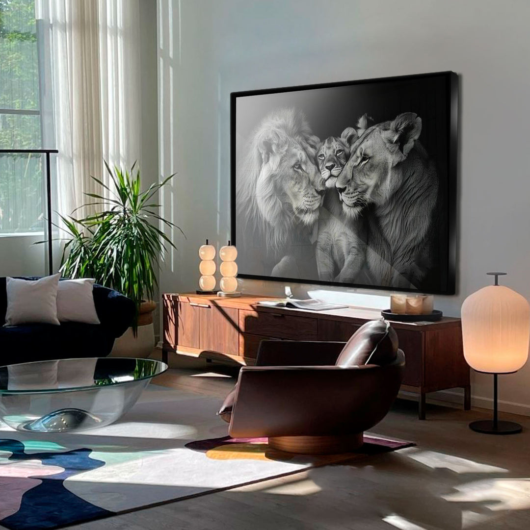 Cozy Lion Family Black and White Canvas Print