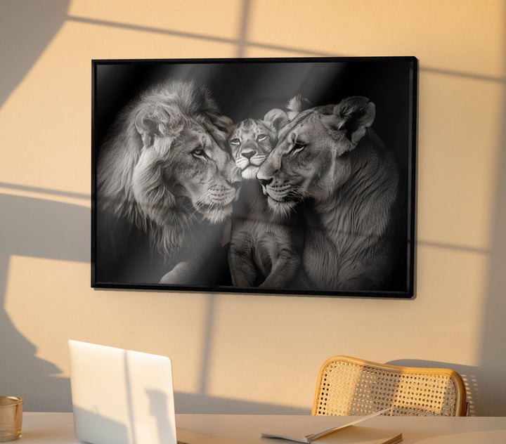 Cozy Lion Family Black and White Canvas Print