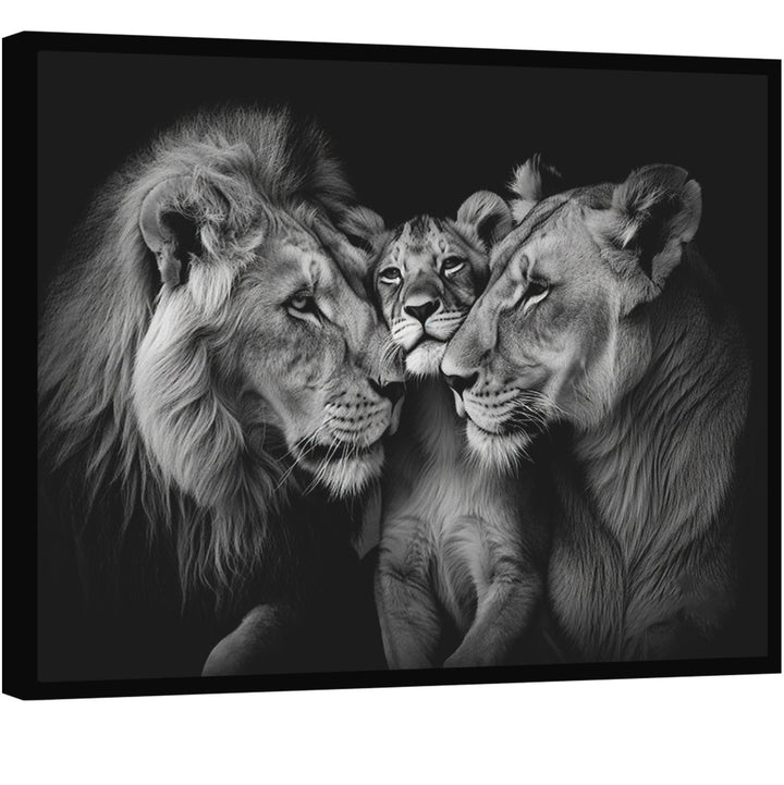 Cozy Lion Family Black and White Canvas Print