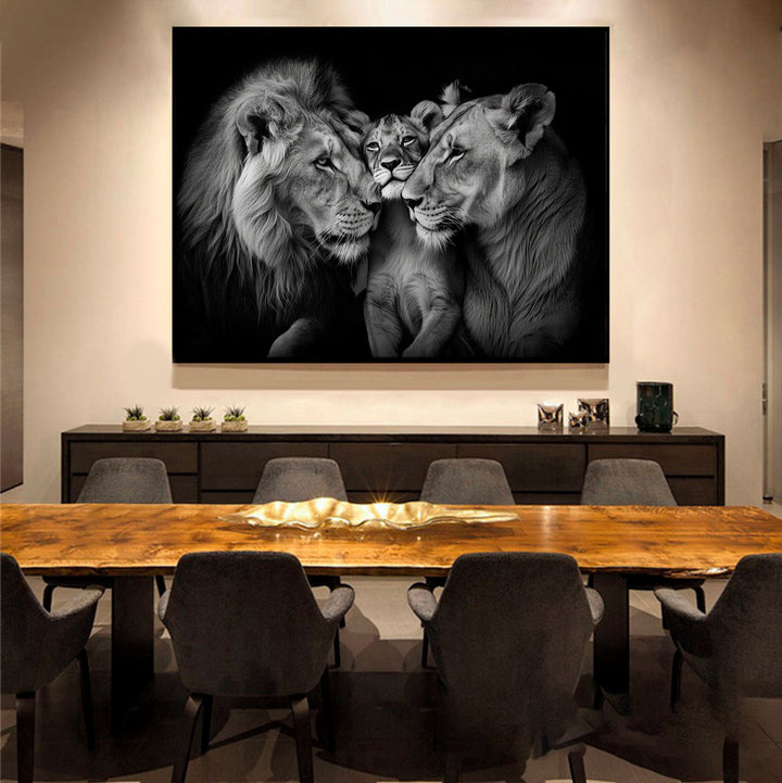 Cozy Lion Family Black and White Canvas Print