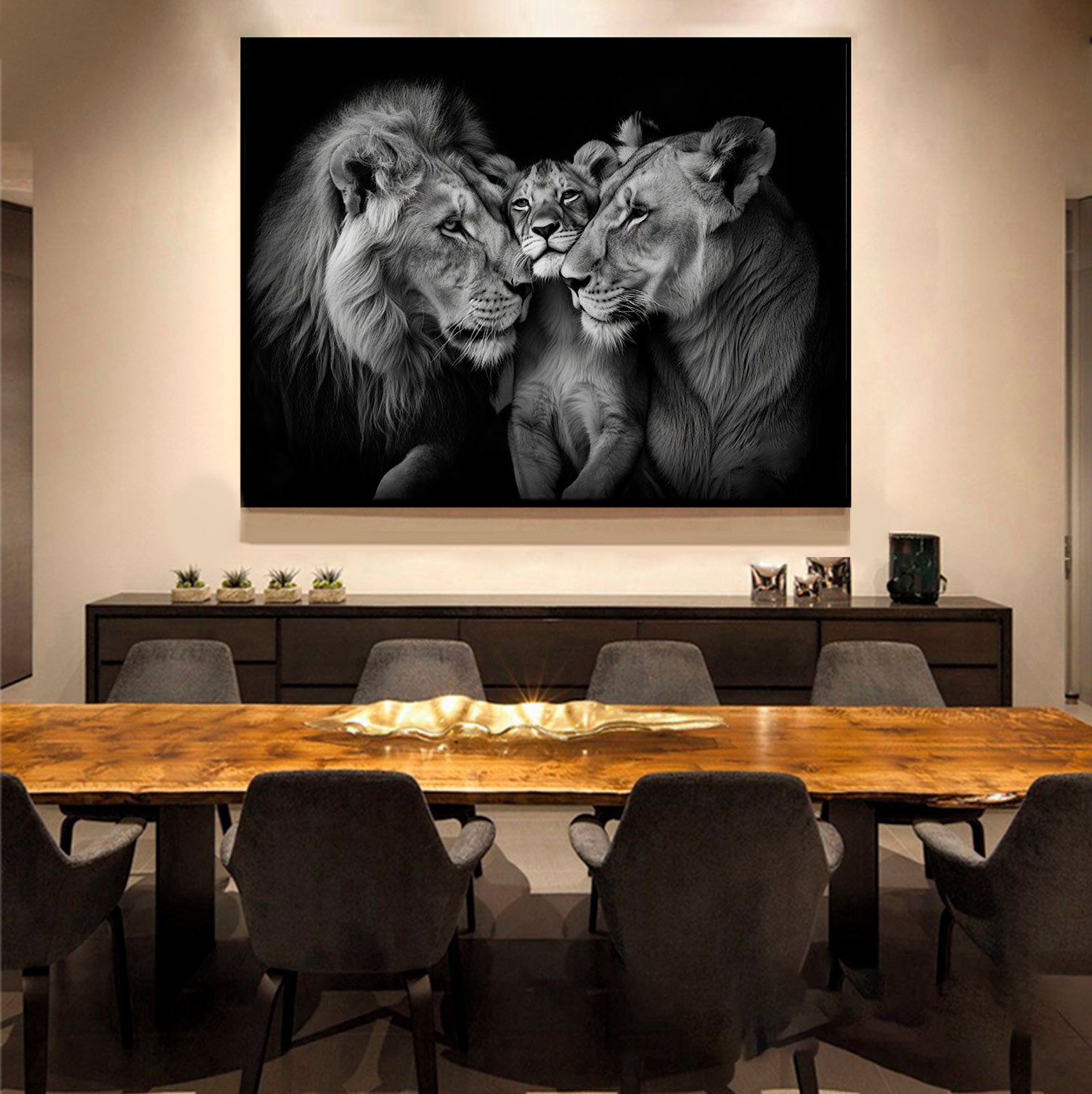 Black & White Cozy Lion Family Canvas Print | Artbyusuf