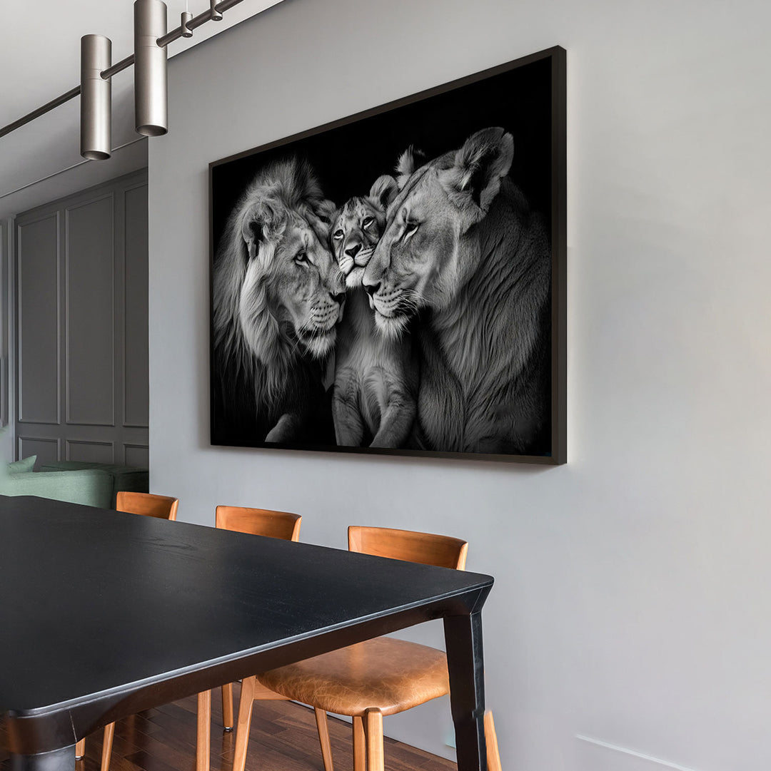 Cozy Lion Family Black and White Canvas Print