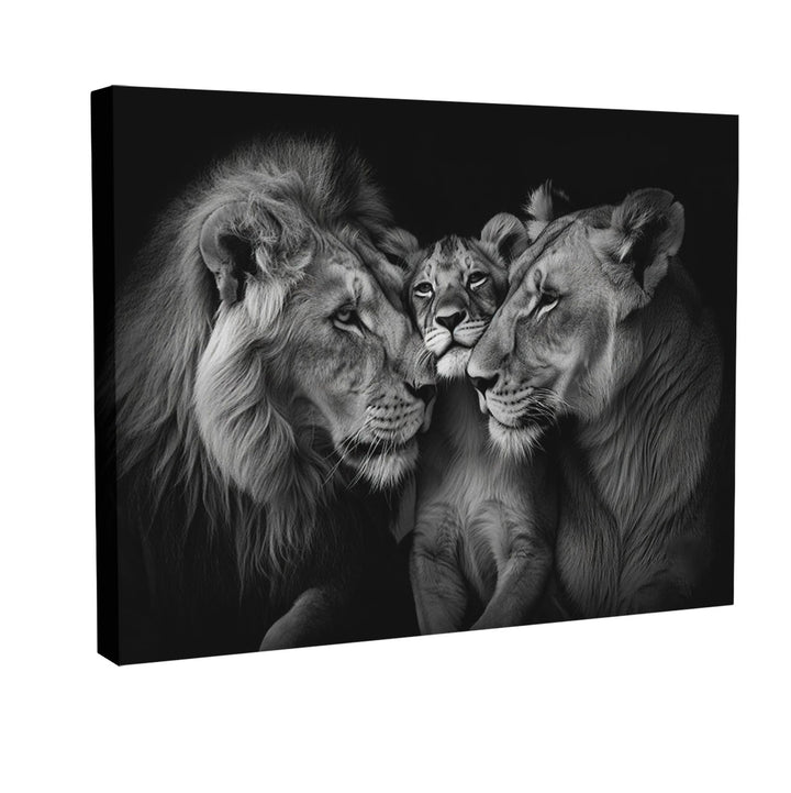 Cozy Lion Family Black and White Canvas Print