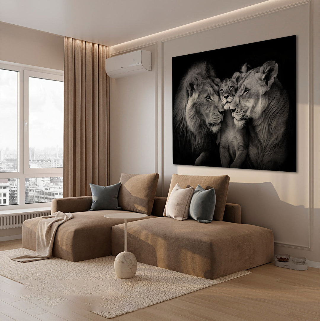 Cozy Lion Family Black and White Canvas Print