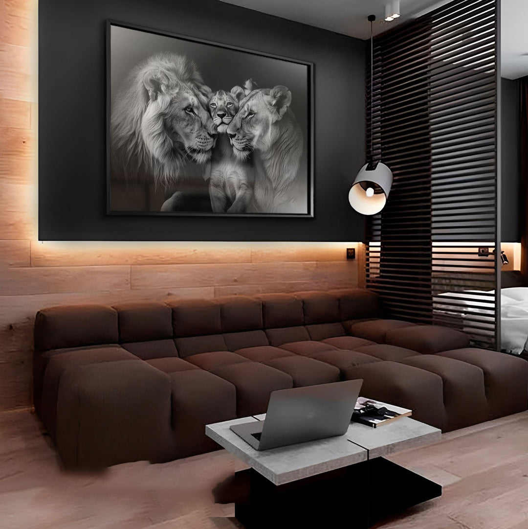 Cozy Lion Family Black and White Canvas Print