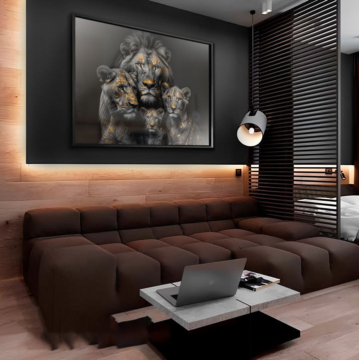 Golden Leaf Lion Family Abstract Black and Gold Radiant Painting