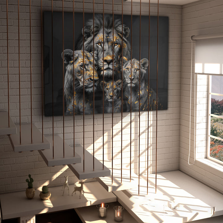 Golden Leaf Lion Family Abstract Black and Gold Radiant Painting