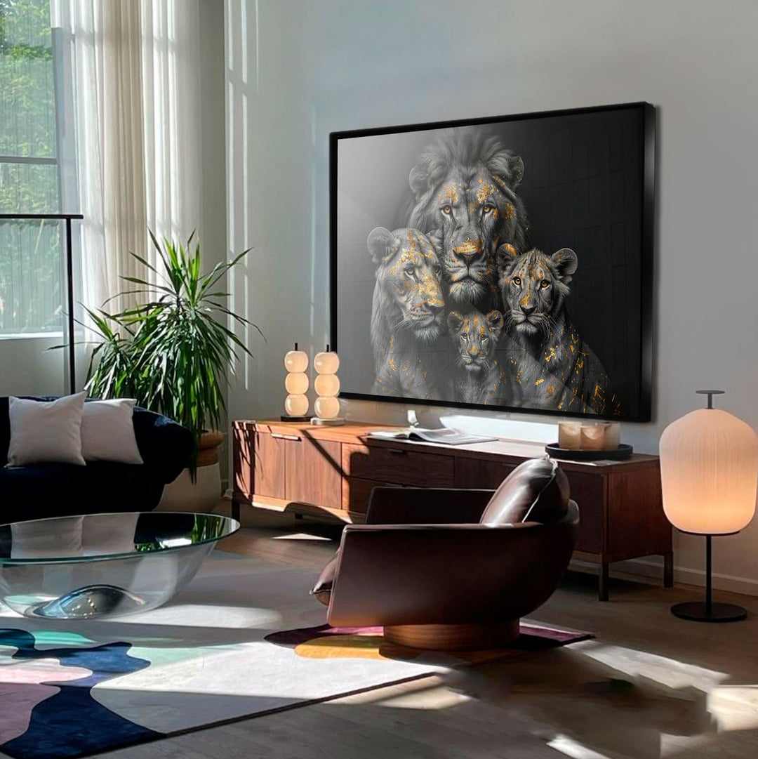Golden Leaf Lion Family Abstract Black and Gold Radiant Painting